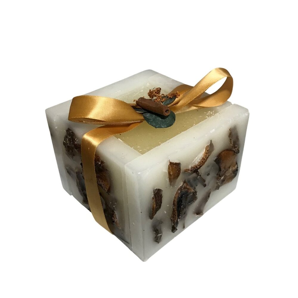 Decorative Square Candle With Cinnamon & Dried Botanicals 4" Square by 3" Tall